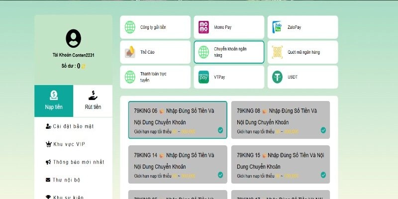Hướng dẫn hội viên nạp tiền qua chuyển khoản ngân hàng